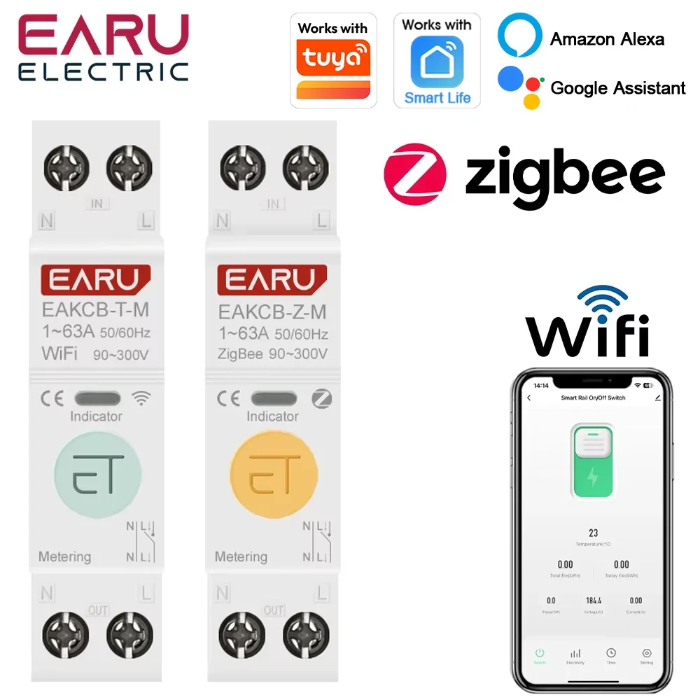 Tuya WiFi ZigBee Smart Circuit Breaker MCB 1P + N 63A Power Energie kWh Spannung Strom Meter Protector Stimme fernbedienung Schalter