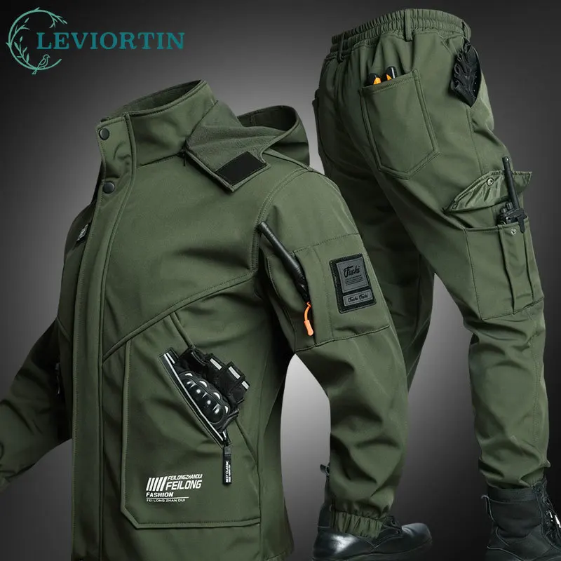 

Men's Tactical Waterproof Hooded Jacket Winter Camo Set Soft Shell Fleece Windbreak Warm Multi Pocket Outdoors Training Uniform