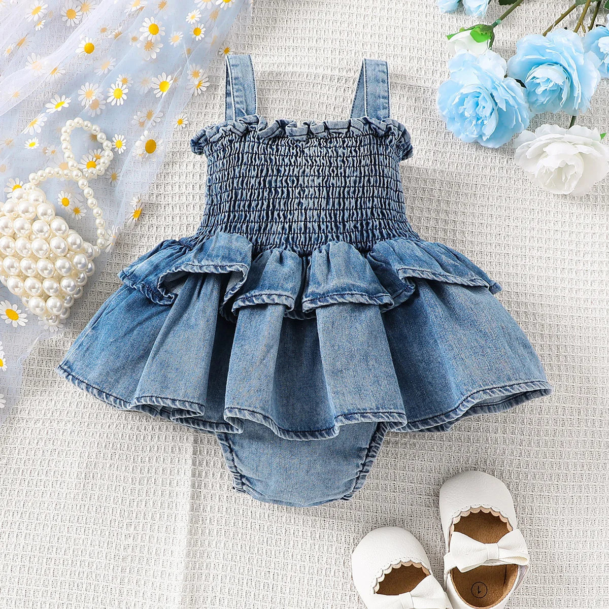 

Summer Baby Girls Clothes Ruffle Denim Camisole Bodysuit False Two Pcs Dress Newborn Clothes Outfit 0-18M