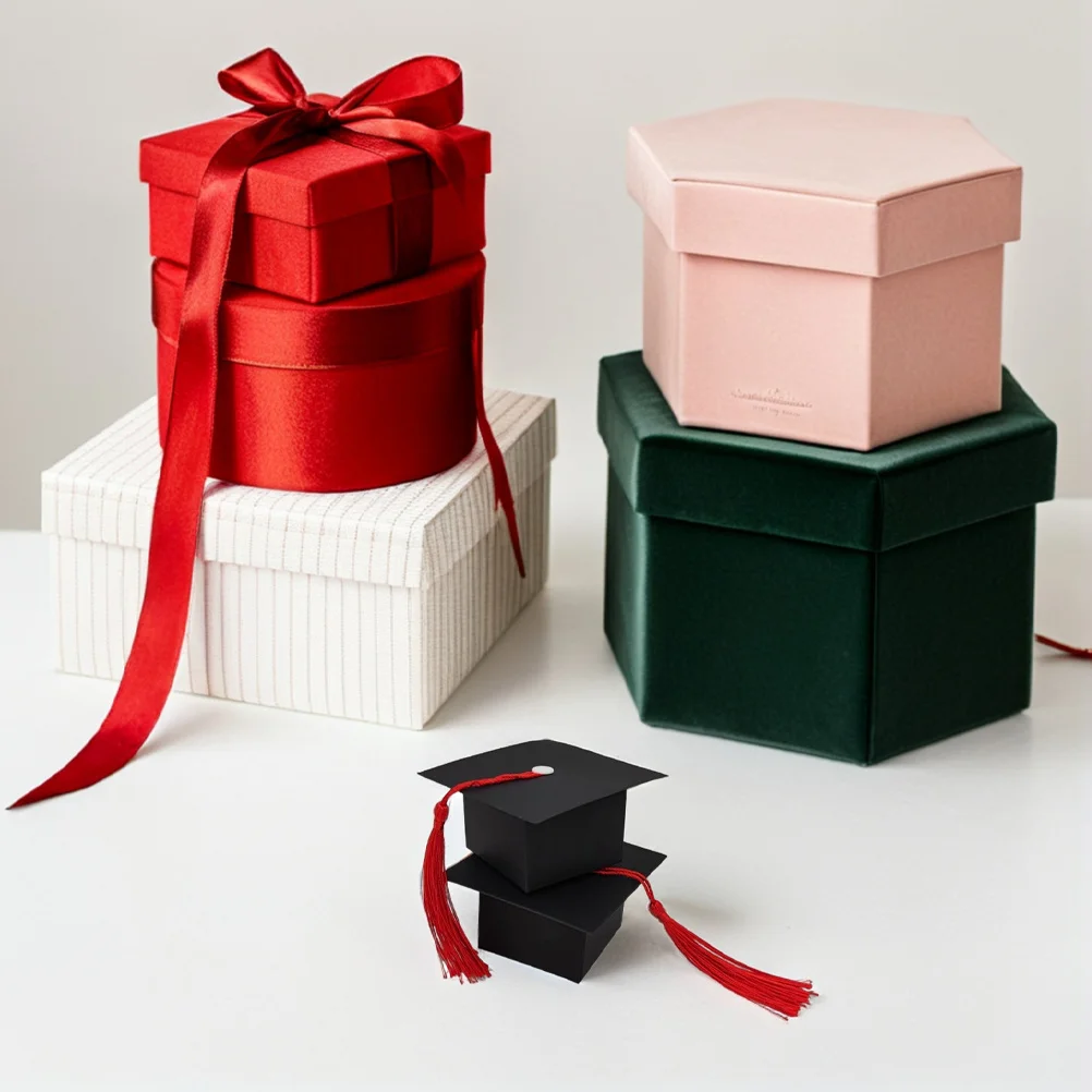 

50 шт. черных коробочек для конфет на выпускной с красными кисточками, держатели для конфет, украшения для стола, коробки для выпускников