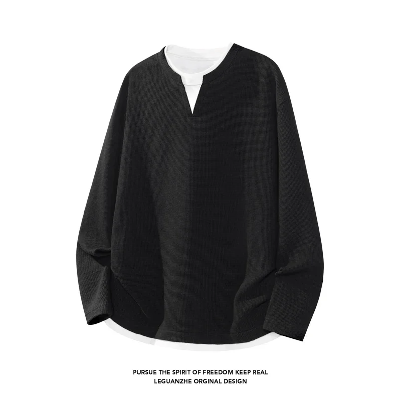Men Fake Two Piece Long Sleeve Henley Shirt Waffle Knit Notch Collar Loose Fit Daily Streetwear Casual Pullover Top