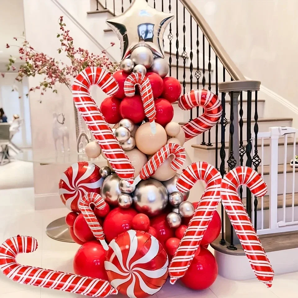 10 Pcs 33 Inch Christmas Canes Hotel Mall Indoor Party Supplies Christmas Foil Balloons Handheld Photo Set Decoration Supplies