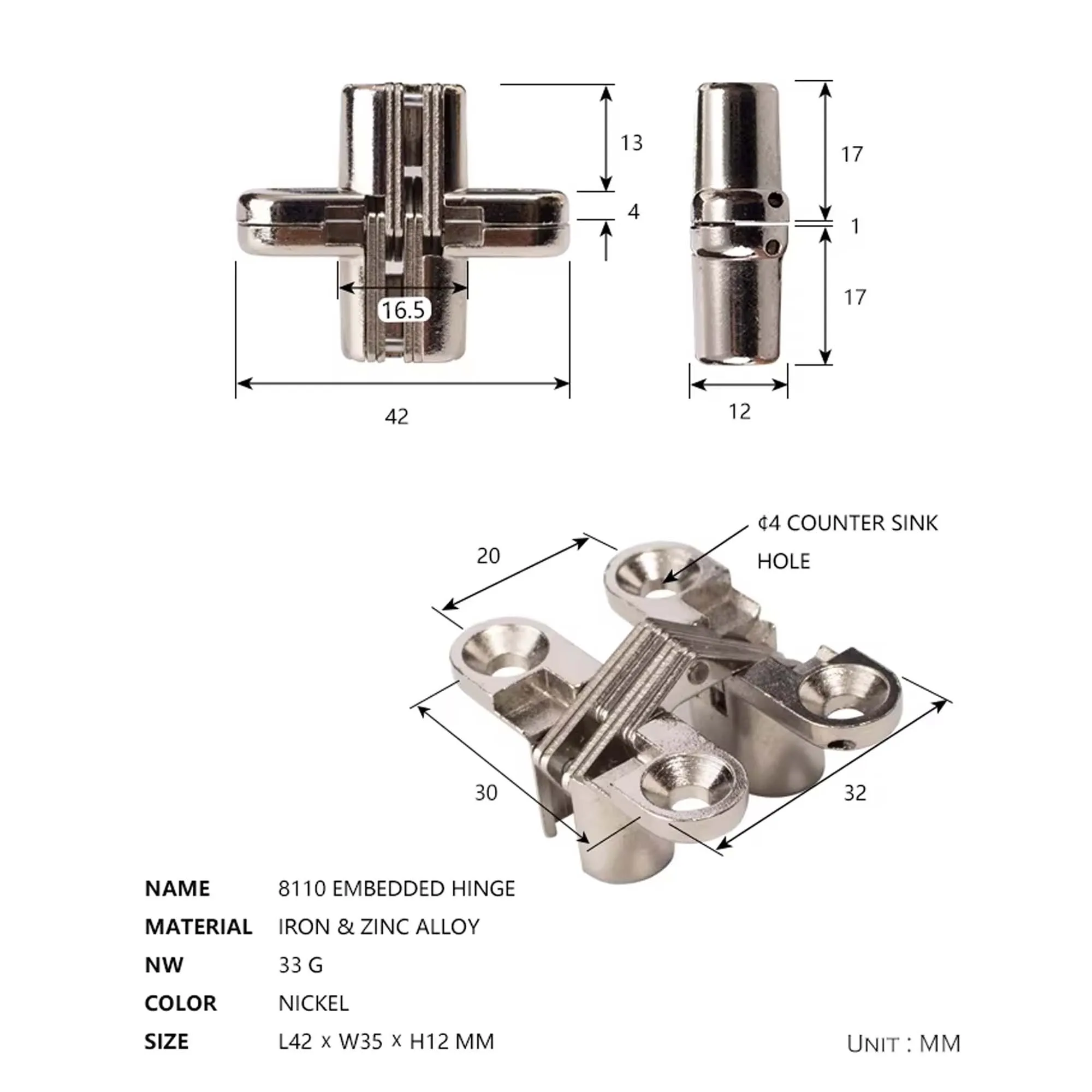 Invisible Hinge 180 Degree zinc Alloy material nickel color Invisible Folding Door Soss Hinge