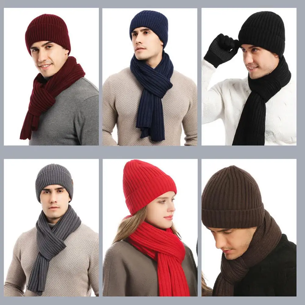 Повседневные утолщенные шапочки, шарф, перчатки, комплект, зимняя теплая шапка-бини на флисовой подкладке, вязаная шапка унисекс, комплект 3 в 1, комплект для женщин и мужчин
