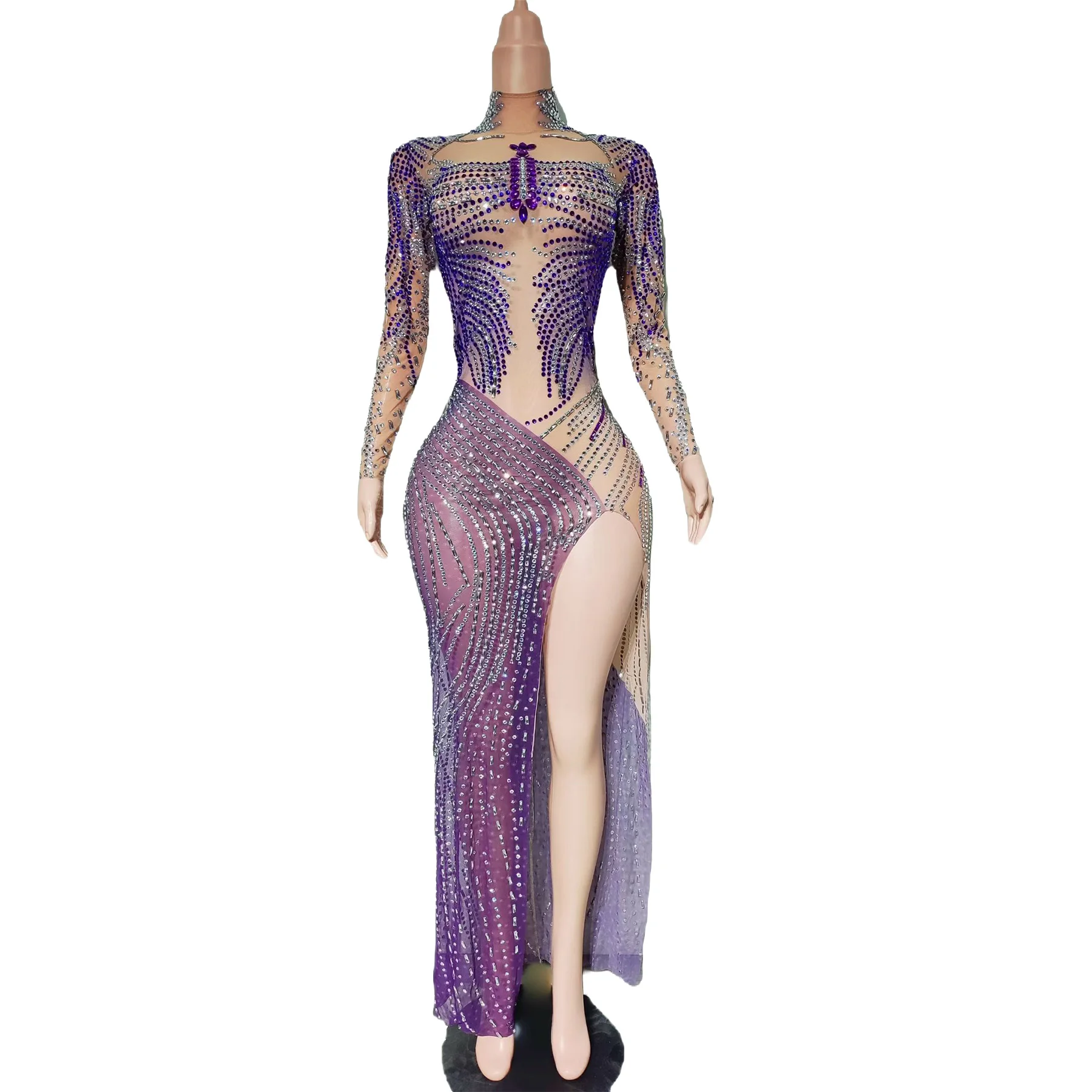 

Ziyunshu Purple Silver Rhinestone Embellished Sheer Mesh High Slit Gown for Drag Queen Stage Performances and Nightclub Events