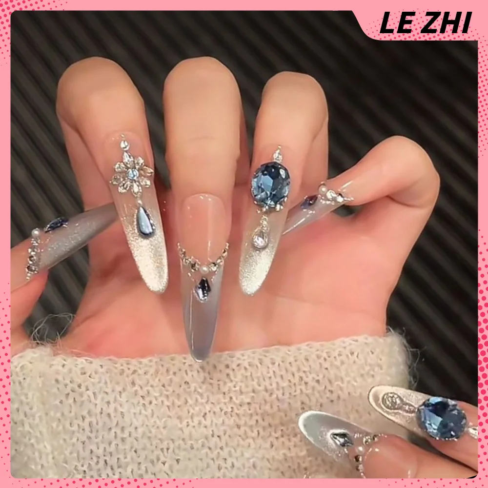 10Pcs Blue Cat Eye False Nails 3D Rhinestone Fake Nails Diamond Pearl Press On Nails French Style Press On Nail Almond Nail Art