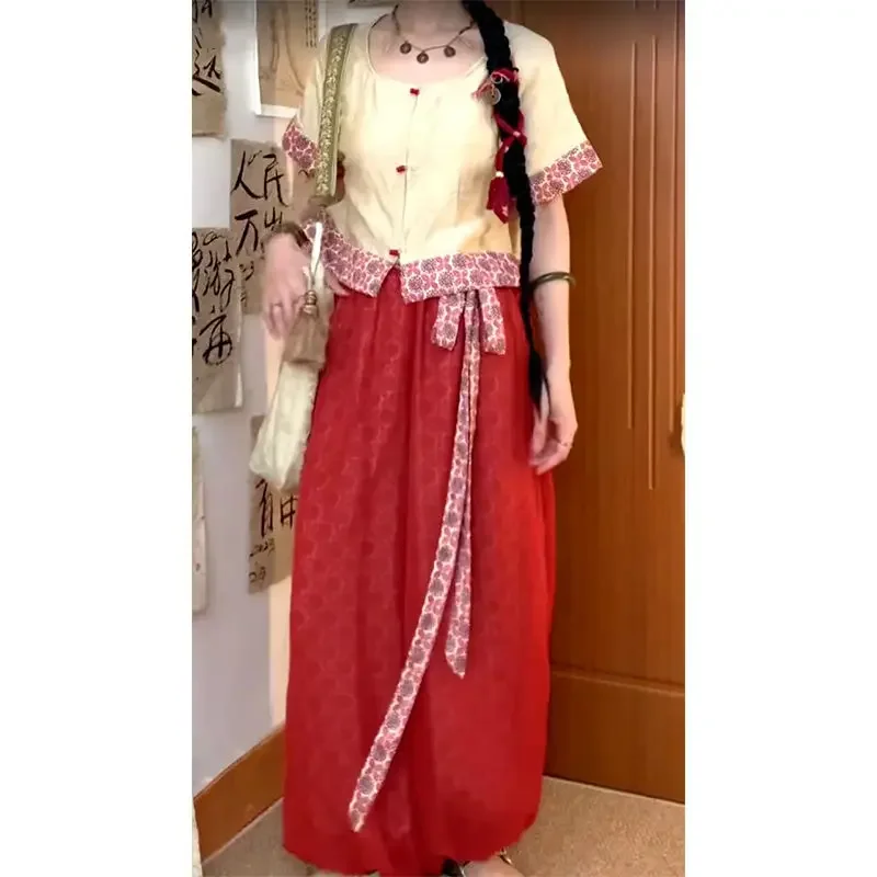 Chinese Style Printed Shirt Set for Women's Summer Vintage Lantern Pants Two-piece Set Traditional Chinese Clothing for Women