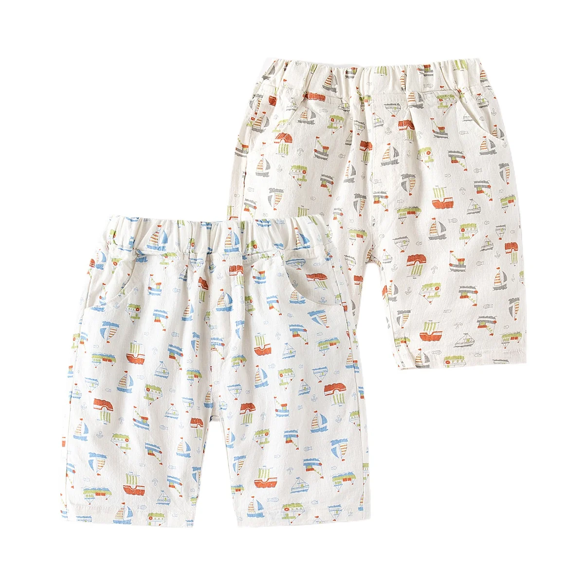 Kids Summer Cool Mid-Waist Shorts Boys' Elastic Waist Cotton Capri Pants with Cartoon All-over Print, for Ages 3-8, 2 Colors