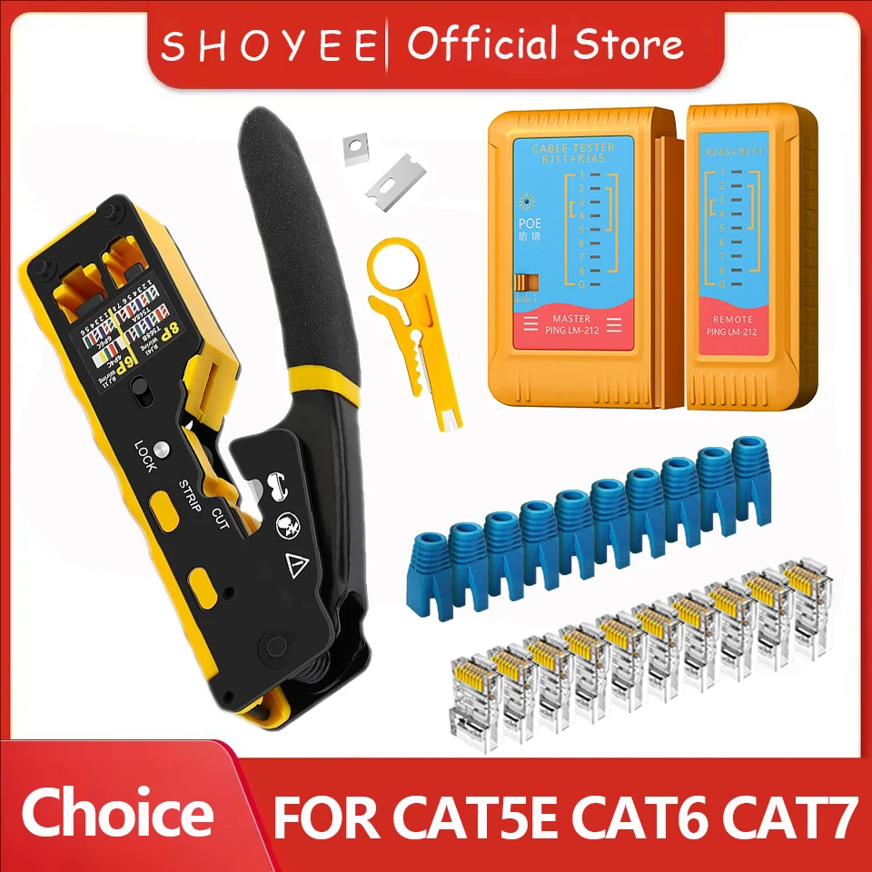 RJ45 Crimp Tool Kit Pass Through Cat6 Crimping Tool For Cat5 Cat5e Cat6 8P8C Connector, All-in-one Ethernet Crimper