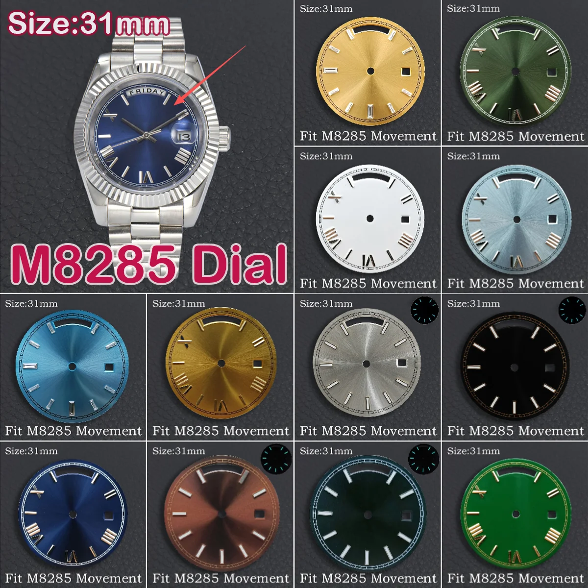 

Циферблат 31 мм подходит для механизма Miyota 8285, серебристый/синий/золотой/белый/зеленый циферблат с календарем, синий светящийся механизм для часов, аксессуары 8285
