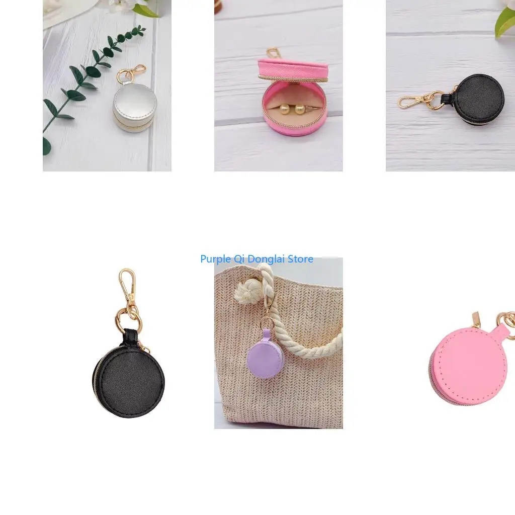 L21E Stylish Mini Jewelry Box Keychain for Women on the Go with Protective Soft Lining and Easy Access PU Leather Ring Holder