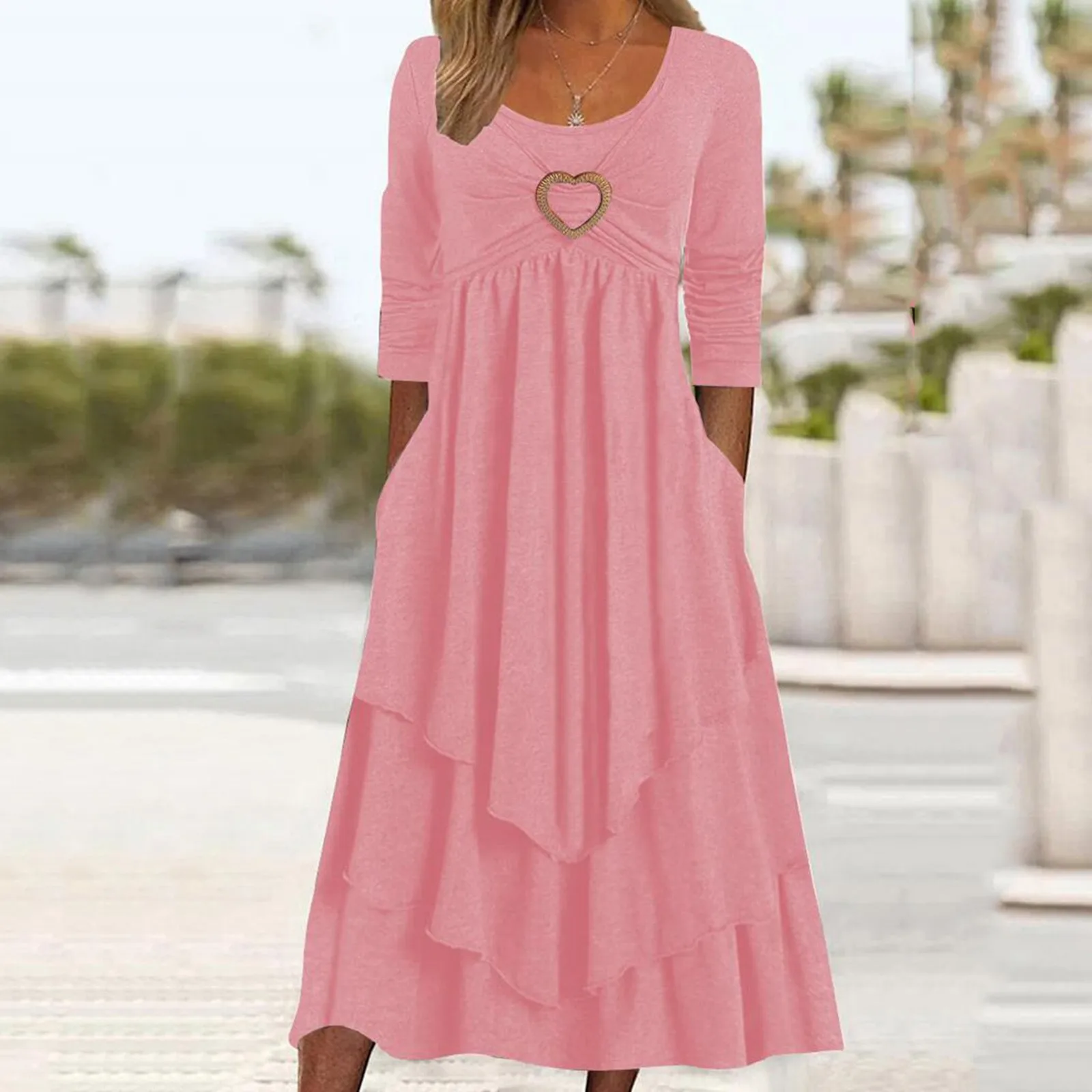 

2024 Casual New Layered Ruffle Women Tee Shirt Dress Spring Loose Long Sleeve Pocket Dress Vintage Solid O-Neck Folds Maxi Dress