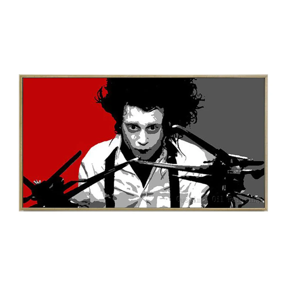 Handmade High Quality Abstract Movie Star Edward Scissor hands Oil Painting On Canvas Red Black and Gray Portrait Painting