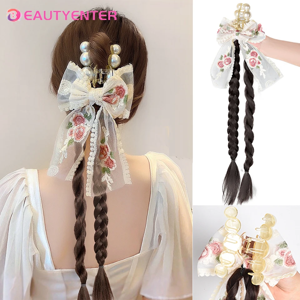 

BEAUTYENTER Synthetic Claw Clip Ponytail With Bow High Ponytail Twist Braids Hair Extensions Cute Braiding Hair For Women