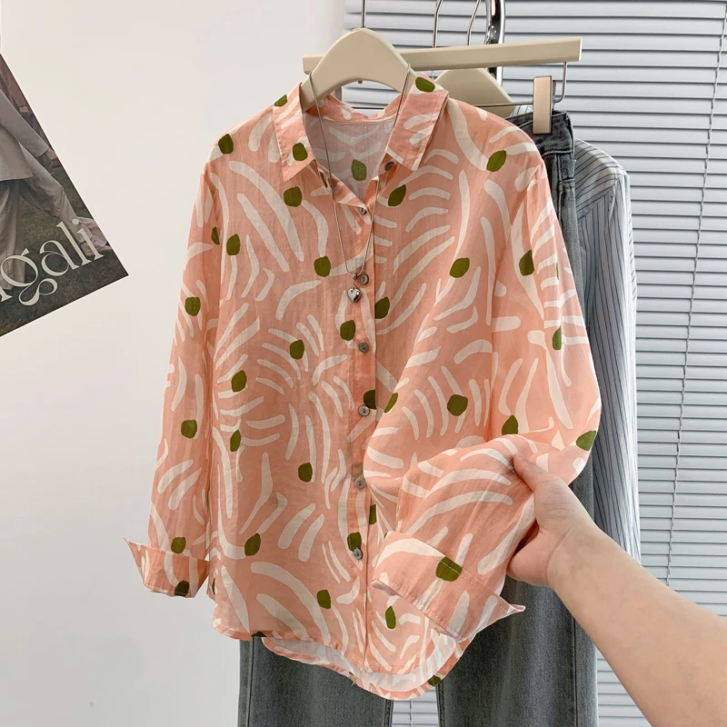 엘리 순면 롱 슬리브 프린트 셔츠 스퀘어 칼라 오픈 가디건 루즈핏 봄 가을 패션 캐주얼 여성 상의