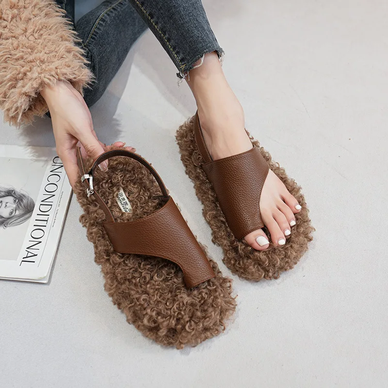 

Flip Flops Women Shoes Fur Flats Slippers Fashion Buckle Flat Furry Slides Platform Sandals Big Size 34-43 Black White Brown