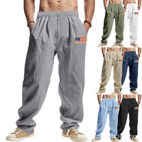 Four season new linen men's casual pants, American hip-hop independent flag wide leg pants for men