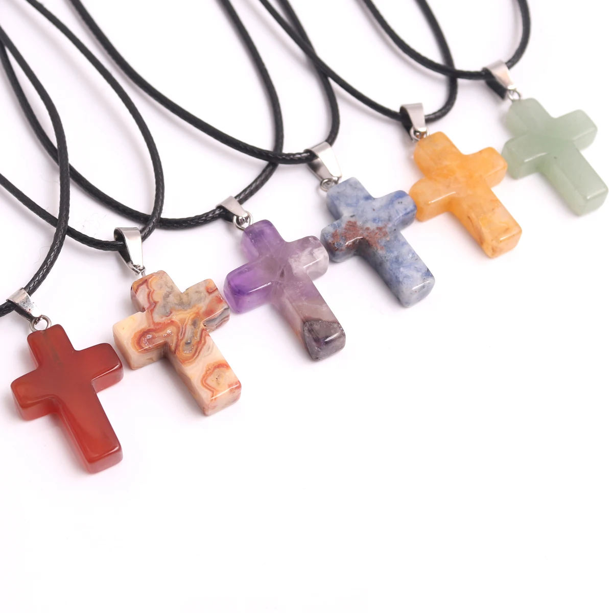 1pc Cross Shaped Natural Stone Crystal Pendant Necklace PU Leather Rope Couple Gift Lucky Stone Necklace Jewelry