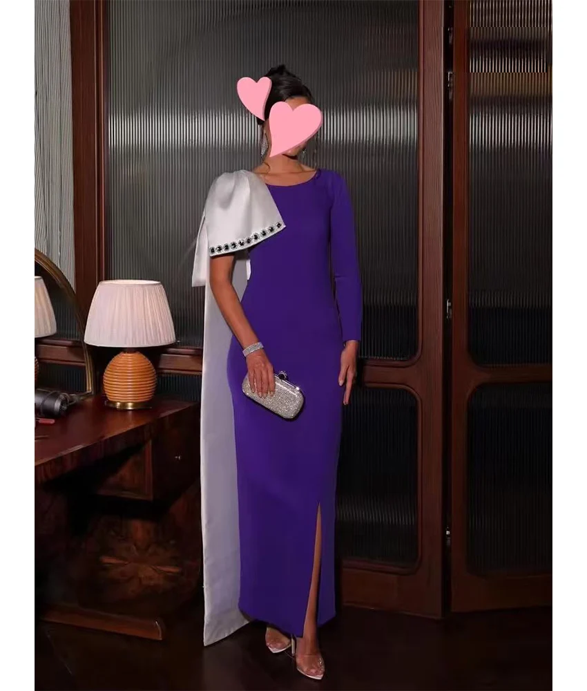 맞춤형 고급 크리스탈 장식 저지 스트레이트 3D 리본 이브닝 드레스 고품질 긴팔 O넥 바닥 길이 파티 가운