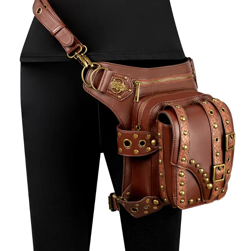 Fashion Brown Crossbody Waist Bags for Men and Women Retro Punk PU Leather Outdoor Travel Fanny Pack Wallet Hanging Leg Bag Gift