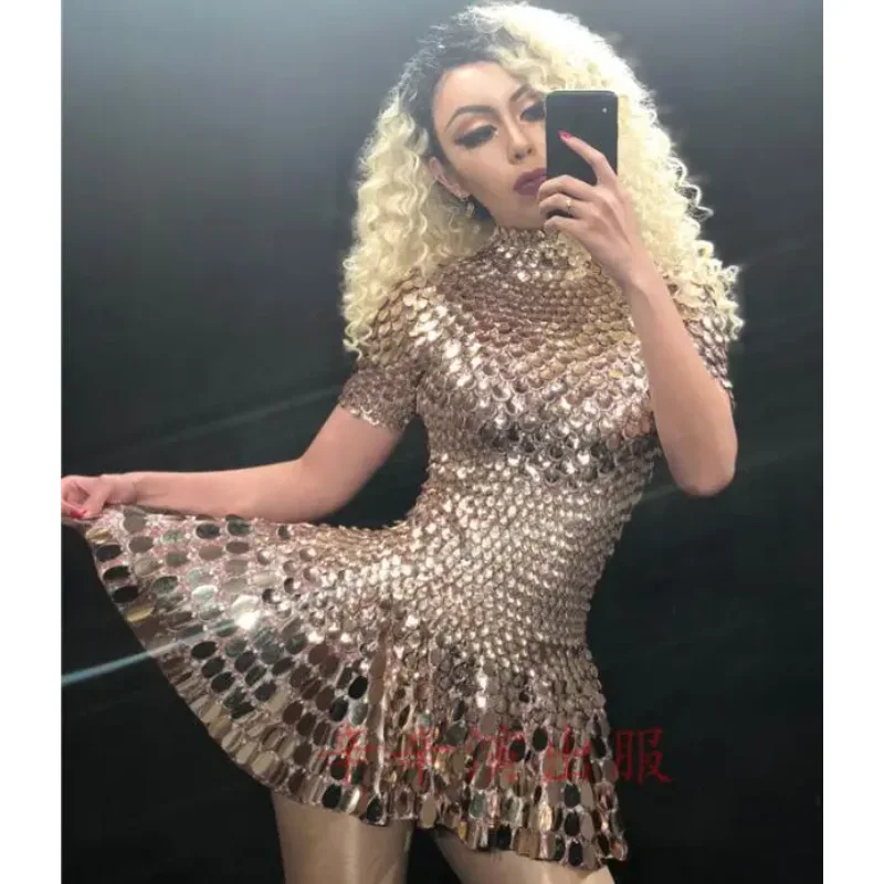 Night Club DJ Dance Mirror dress Gold Scales Mini Sequins Shiny Women Stage Singer