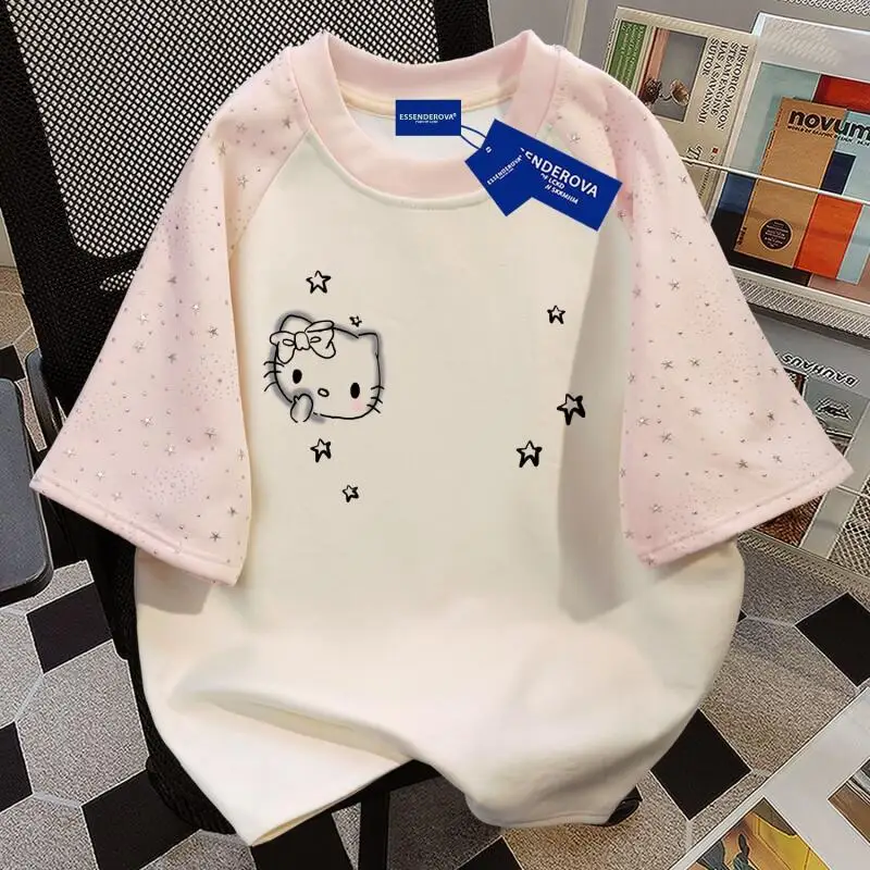 

Футболка Sanrio Hello Kitty Cozy из чистого хлопка, милая, уличная, свежая и стильная, с короткими рукавами и звездами, для девочек, летняя, свободного кроя, с лоскутным узором
