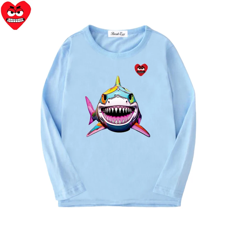 Shark Printing Boy Girl T-shirt Cotton Cartoon Red Snag Heart Embroidery O-neck Long Sleeved Straight Summer T-shirt