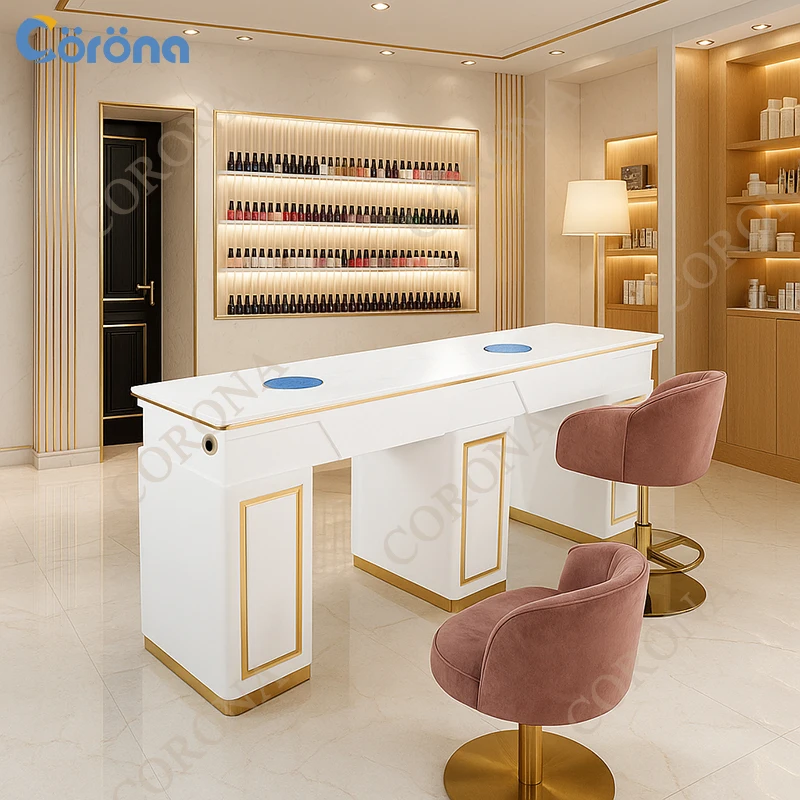Professional Salon Furniture Double Nail Desk Table Manicure Table With Led Light
