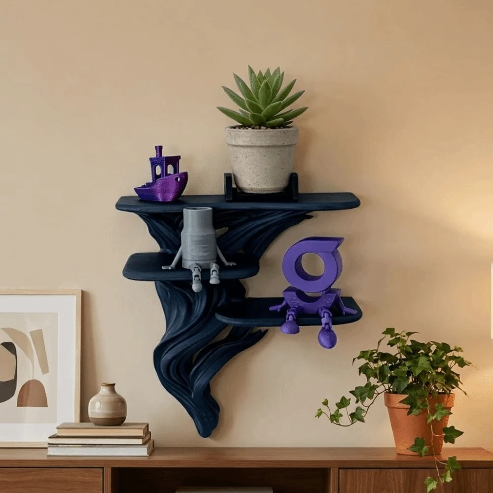 Multipurpose 3D Printed Three Tier Wall Rack Irregular Shape Stable Floating Wall Shelf Artistic Wall Storage Rack Bedroom