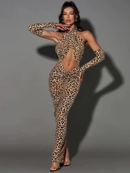 Huhugirl Fashion Sexy Club Leopard Printed Women Maxi Dress Hollow Out Backless Halter Slim Bodycon Summer Vestidos Split Robes