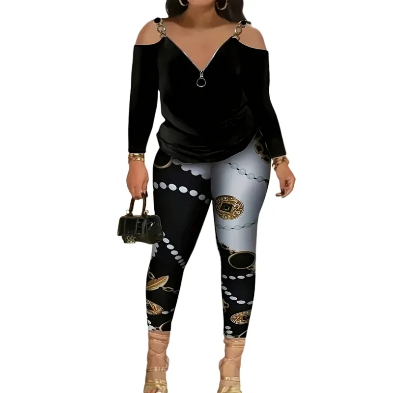 Plus size 1xl-5xl feminino fora do ombro zip-up manga longa camiseta & impresso calças apertadas senhoras casual camiseta & calças outfit