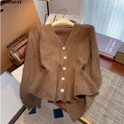 Stylish Elegant Thicken Knit Cardigan Sweater Women Pearl Buttons V-neck Long Sleeve Knitwear Tops 2024 Spring Fashion Jumpers