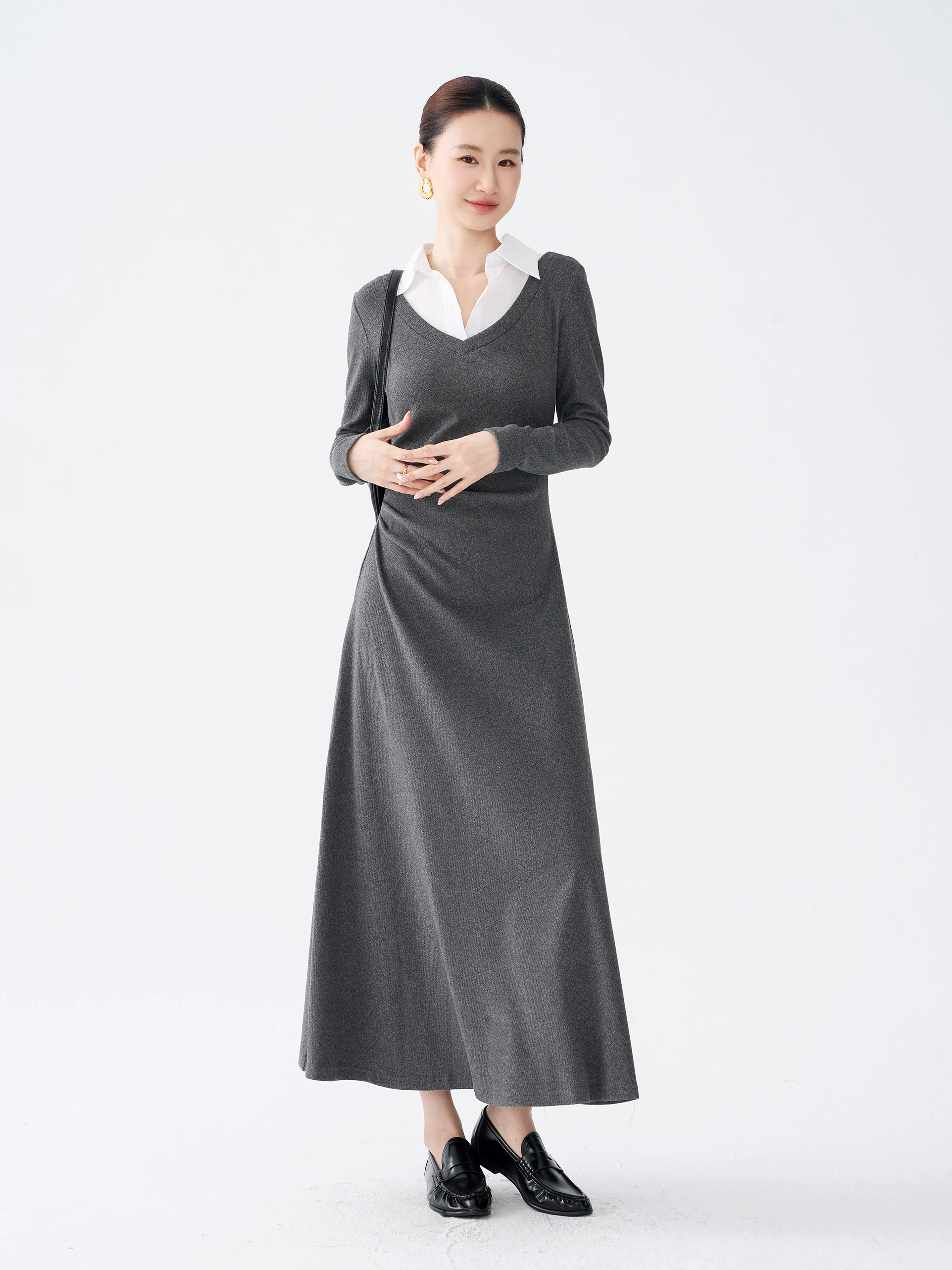 Gray Knitted Dress Women's Shirt Collar Design Sensation Pleated Waist Inward Intellectual Style Long Dress Soft Polyester Fiber