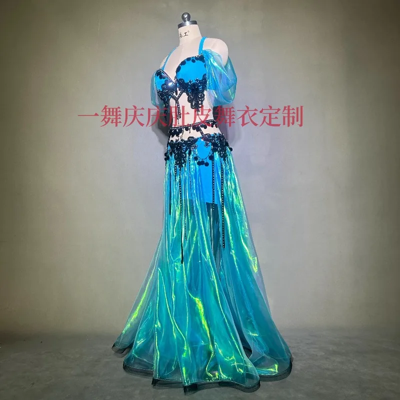 Aangepaste buikdansjurk Dames Oost-Egyptische Indiase dans Oceaan Fantasie Blauwe set Prestatiewedstrijdkostuums