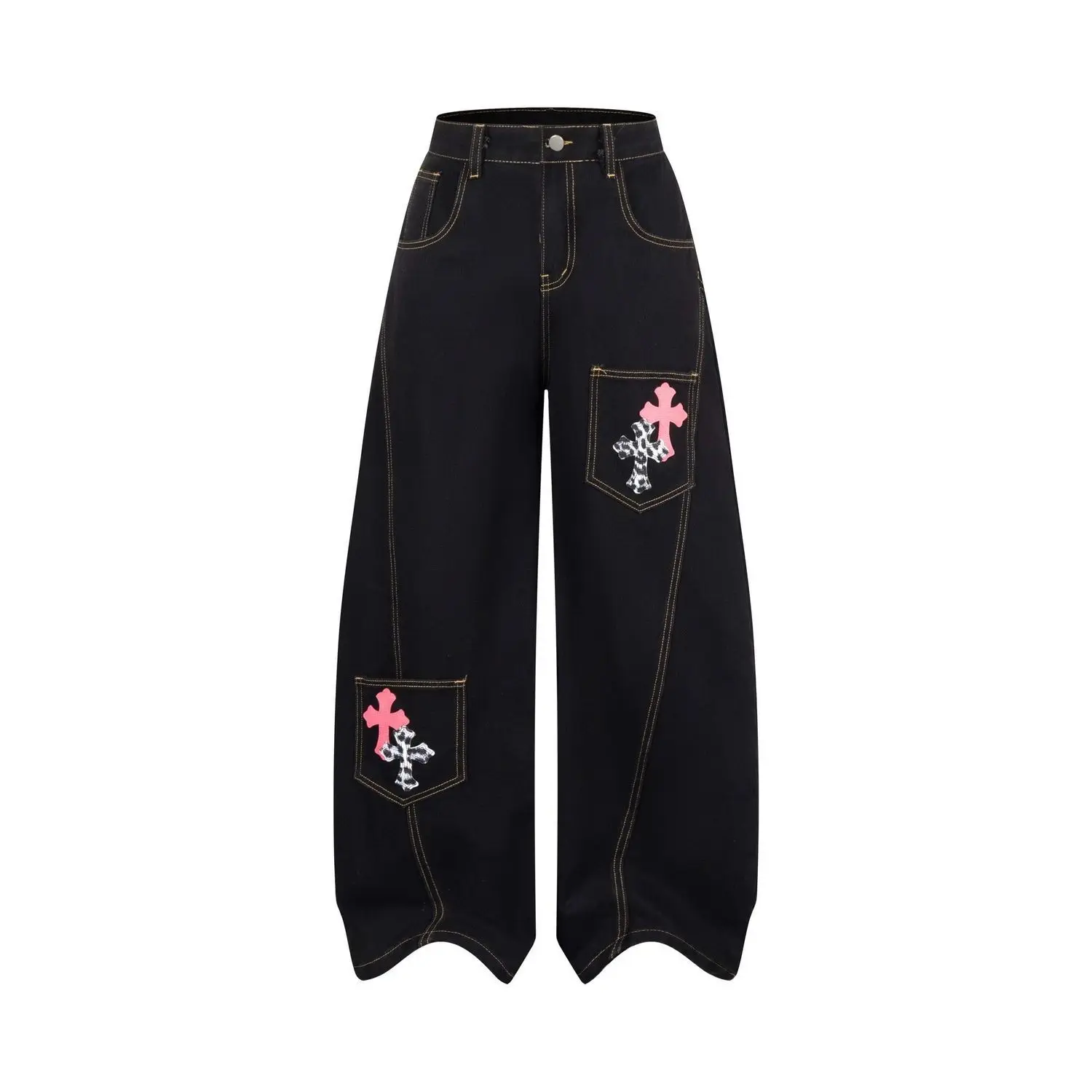 Women's Retro Wide Leg Karate Jeans Cross Embroidery Multi Pocket Pants Gothic Y2K Streetwear Loose Fit Denim Trousers