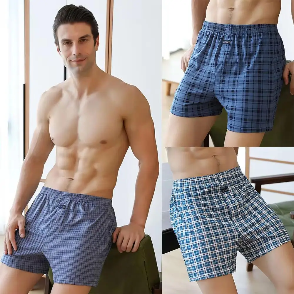 

3PCS 100% Cotton Man Pajama Pants High Quality Loose Plaid Boxers Breathable Deep 3D Crotch Hidden Buckle Sleeping Underwear