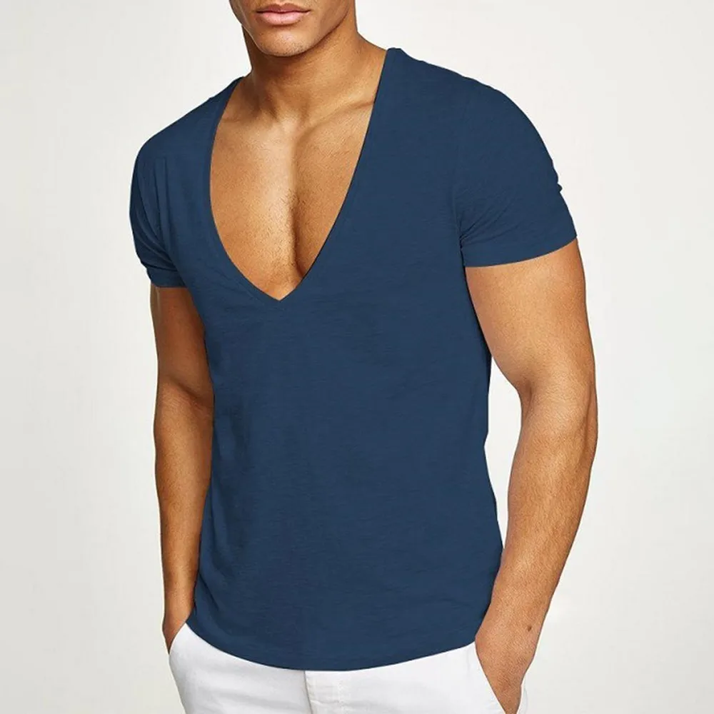 Summer Men Clothes Big V-Neck Short-sleeved T-shirt Casual Gym Muscle Tops Bodybuilding Sport Fitness T Shirt