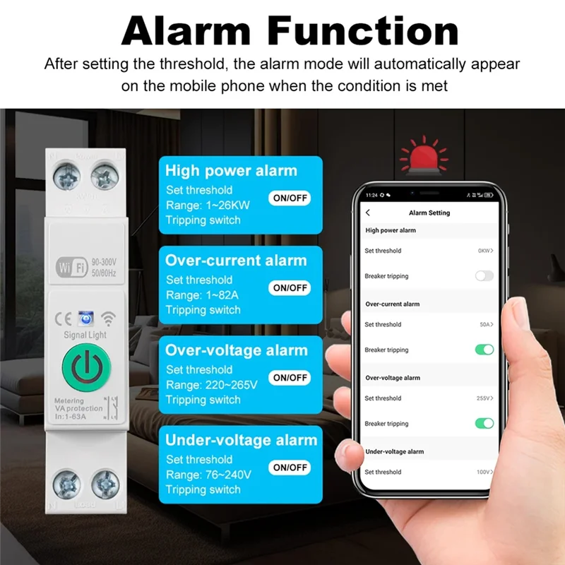 ABKI-Tuya Wifi Smart Circuit Breaker 1P+N 63A Din Rail Switch With Electricity Statistics Remote Voice Control For Alexa Home