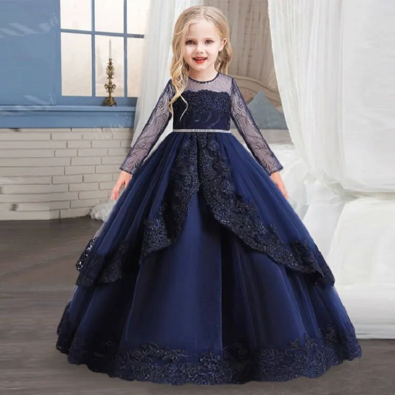 Girls\' sequined veil long princess dress 5-14 years old girls flower long sleeves dignified temperament tutu skirt banquet dress