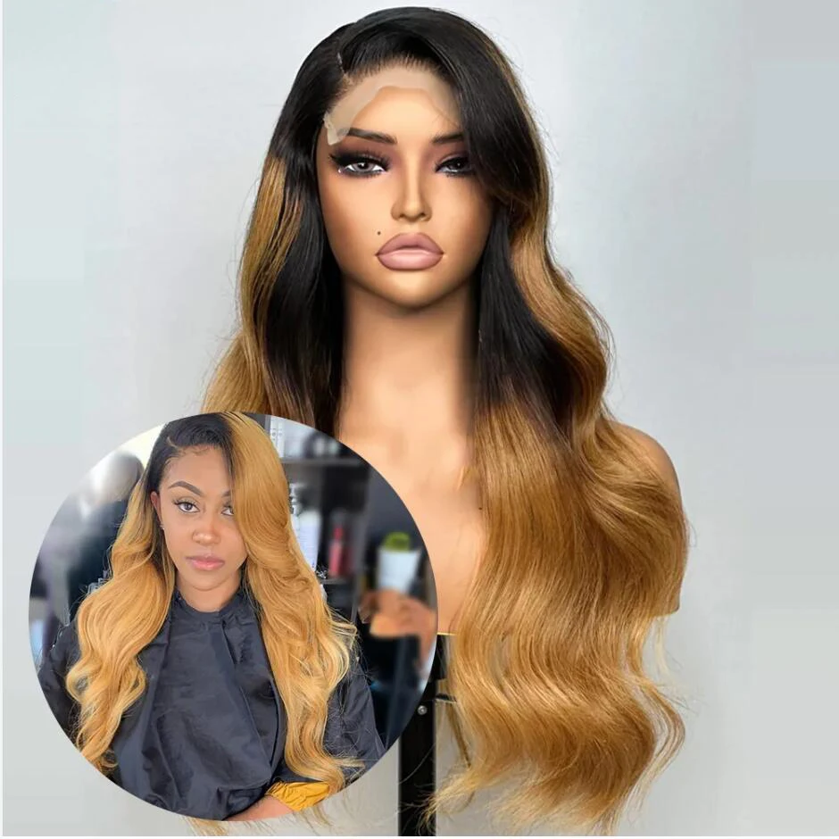 Preplucked macio 26 "longo onda do corpo ombre loira marrom 180 densidade natural linha fina peruca dianteira do laço para preto feminino cabelo do bebê diariamente