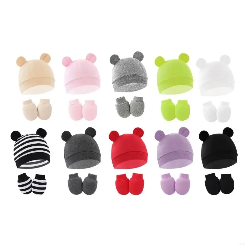 

F1CB Baby Hat & Gloves Set for Boy Girl 0-3-6M Breathable Anti-scratch Mittens Infant Beanie Skull Newborn Shower Gift