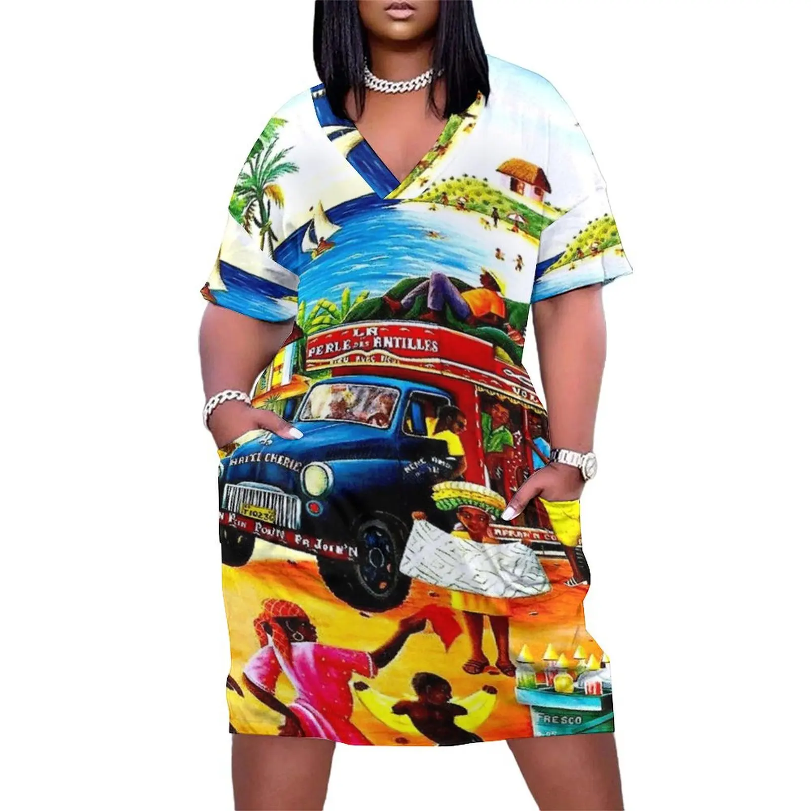 HAITI : Vintage Travel and Tourism Advertising Print Loose Pocket Dress Elegant gown women evening dress