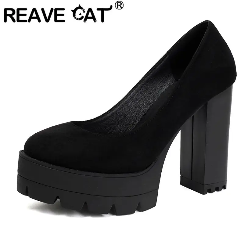 

Туфли-лодочки REAVE CAT черные женские, с круглым носком, на квадратном каблуке 11 см, платформа 3,5 см, без застежки, сексуальные, для свиданий и банкетов, большие размеры 44, 45, 46