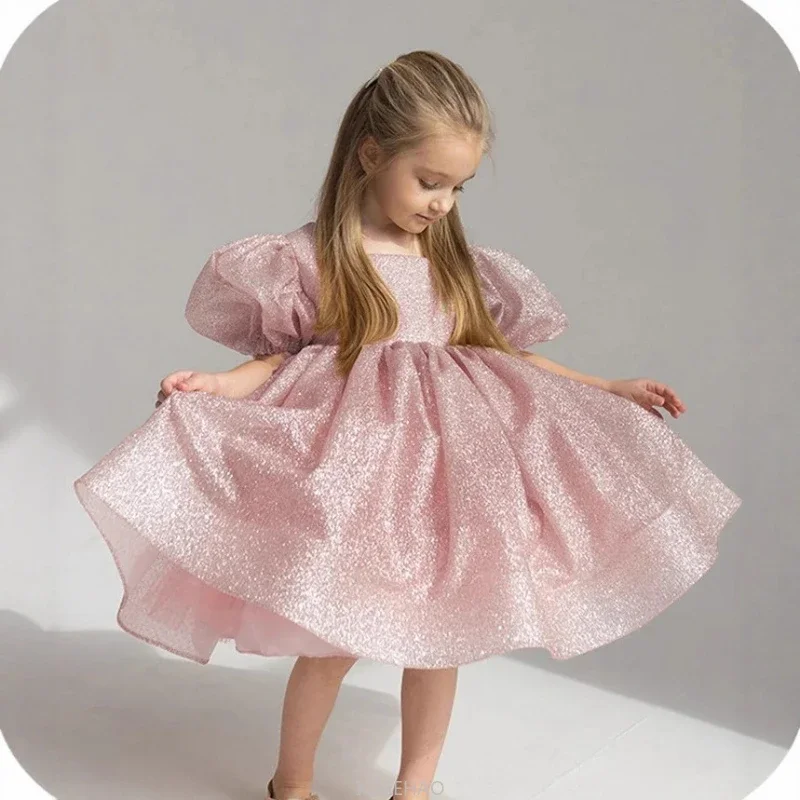 

Party Dress Vestido New Glossye Elegant Back Bow Princess Gown Sweet Outfit Girls French Dresses Children Costume Puff Sleev