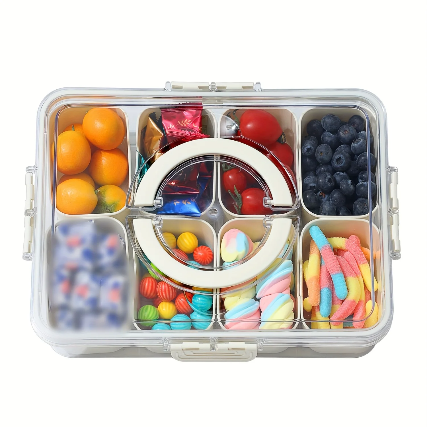 

Snackle Box with Lid and Handle - Transparent Partitioned Snack Container for BBQ, Candy, Veggies, Fruits, Nuts, Spices | Portab