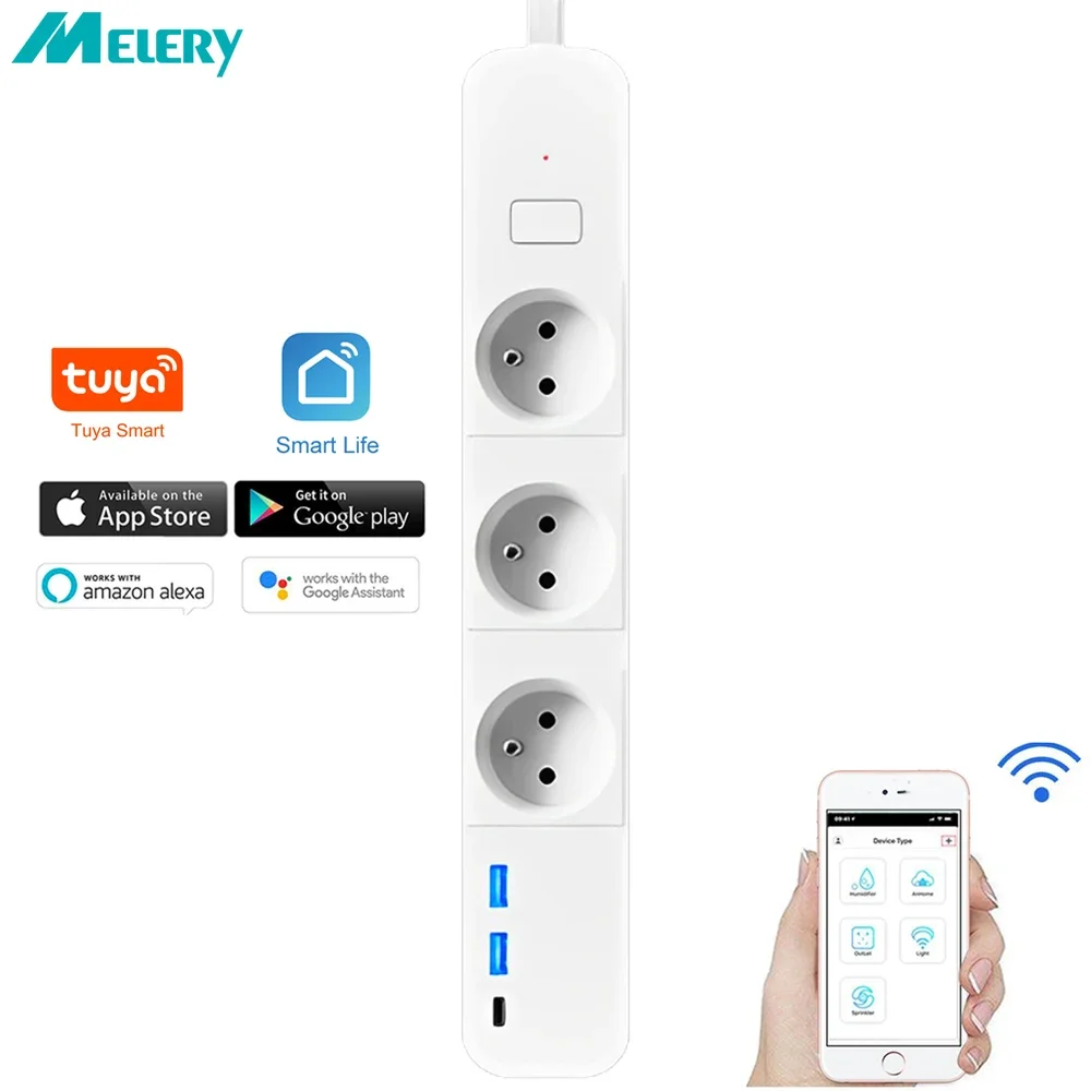 Melery Tuya Smartlife Wifi Smart Power Strip USB Type-C Charge French Type Electric Plug Socket Remote by Google Home Alexa