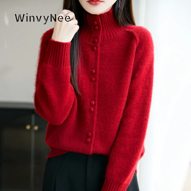 WinvyNee Women Pure Wool Solid Color Stand Collar Cardigan Heavy Weight Warm Windproof Fashion Autumn Winter Outerwear ZB1807010