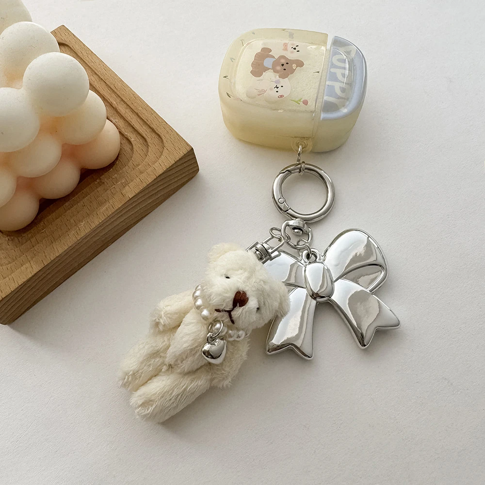 Cute Cartoon Pearls Plush Rabbit Bear Bowknot Keychain Pendant Toys Dolls Key Rings Hangings Fashion Bag Ornaments Accessories