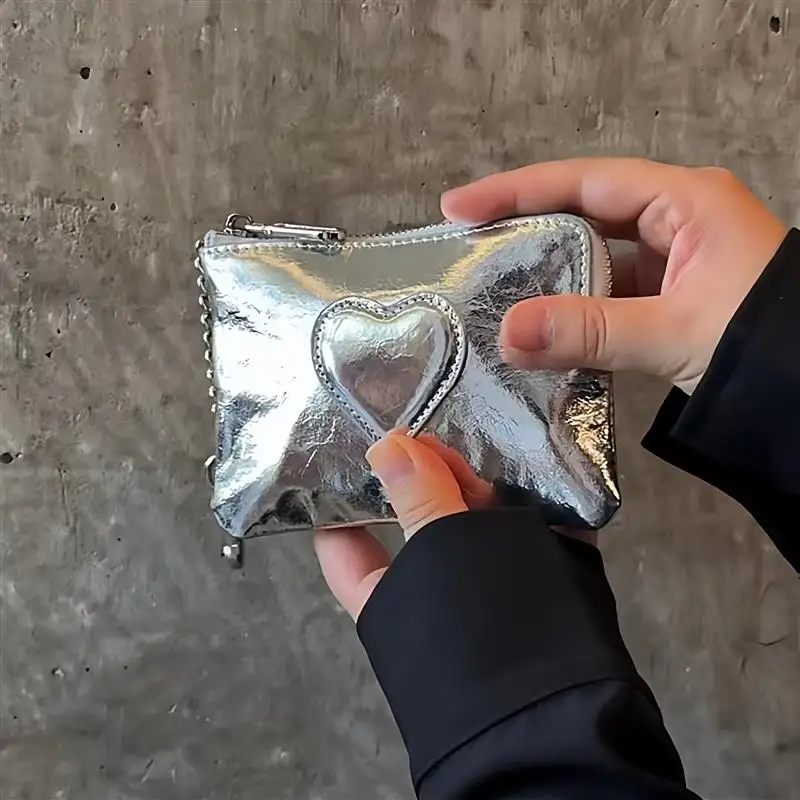 

Кошелек из коровьей кожи с серебряным воском и сердечком, кошелек с несколькими отделениями для карт, сумка Sle Pose, молодежный кожаный кошелек с горизонтальным цветом