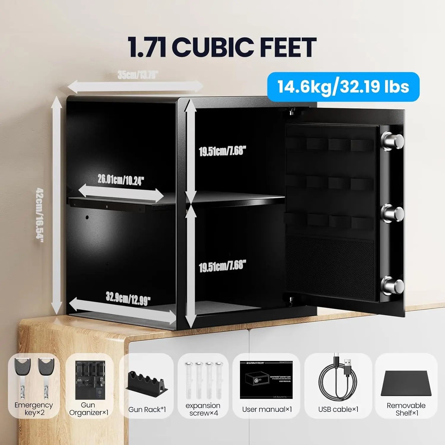 Gun Safe for Handgun - (1.72 cu. ft.) for Multiple Pistol Rack & Door Organizer Money Box with Silent Mode, Home Safe with Backl